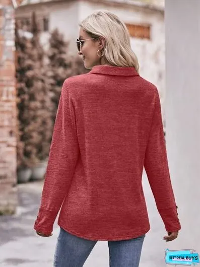 Decorative Button Johnny Collar Long Sleeve Blouse