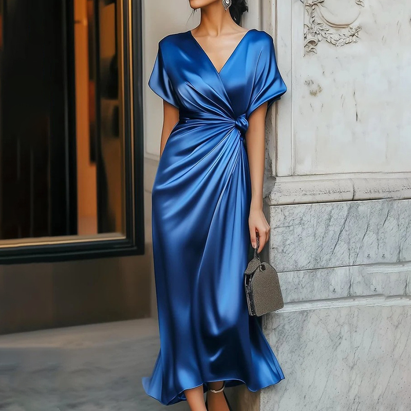 Elegant V-neck Short-sleeved Solid Satin Midi Dress elevenforest