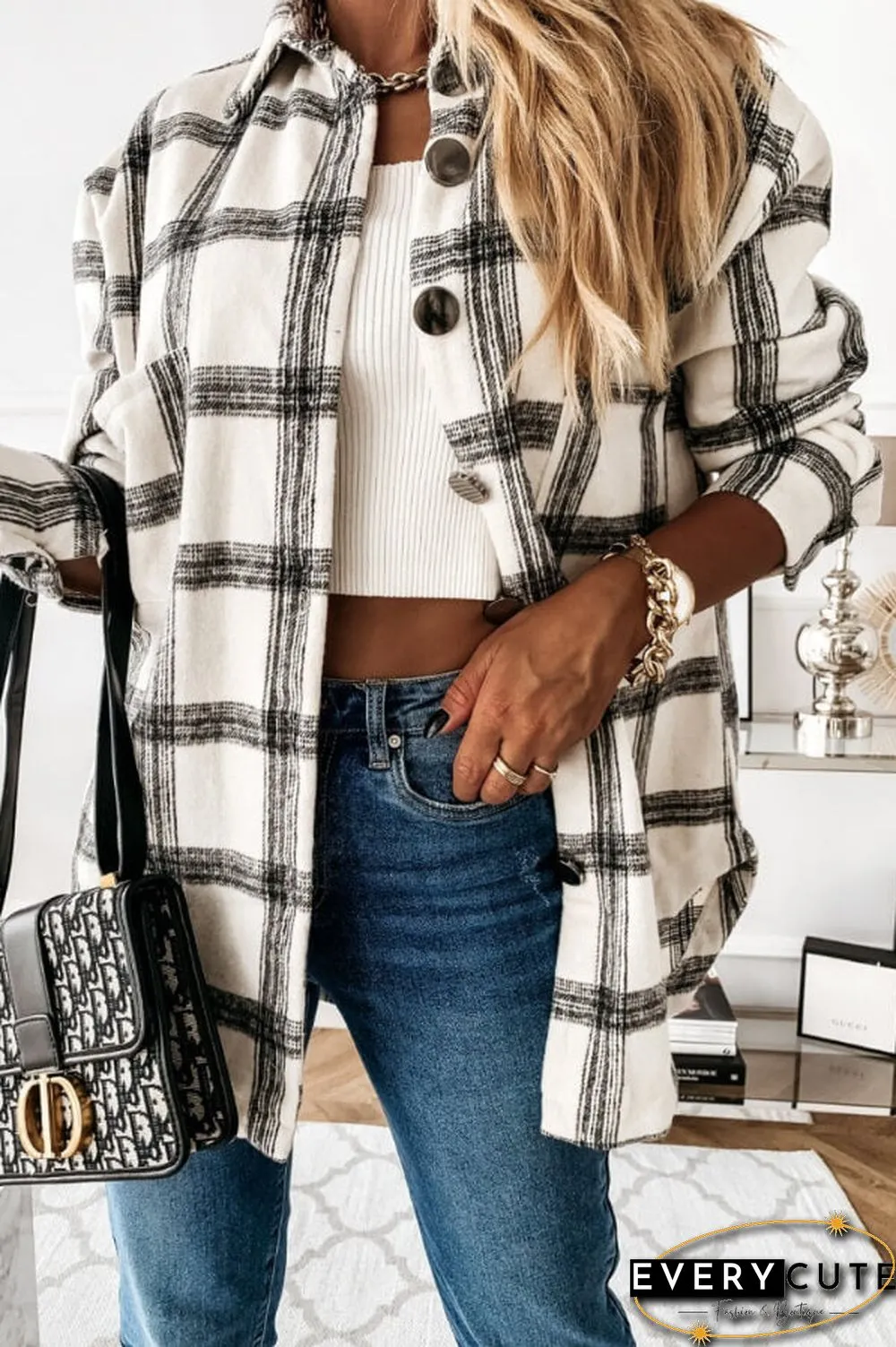 Fashion Casual Plaid Splicing Button Pocket Shirt