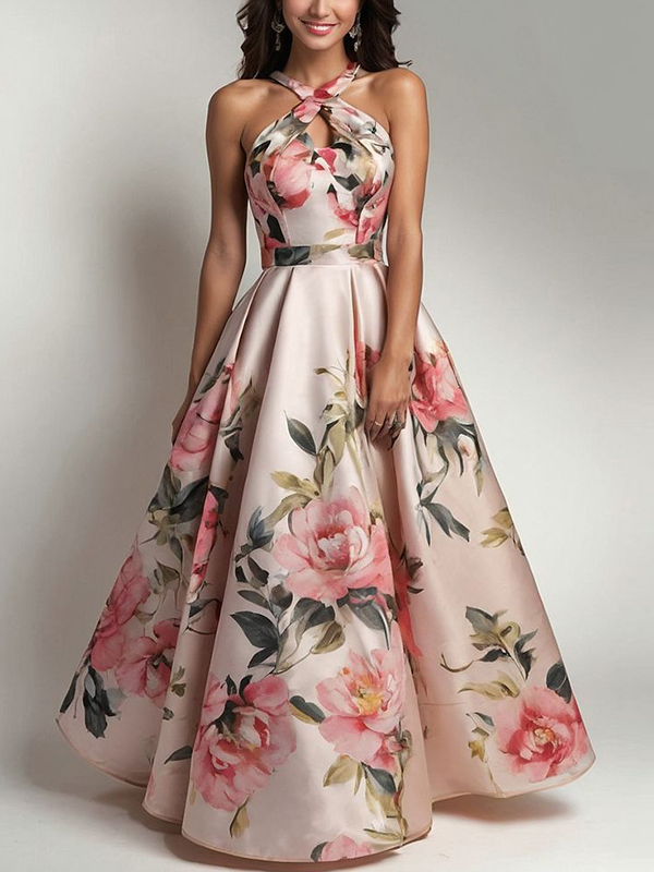 Pink Cross Halter Print Maxi Dress