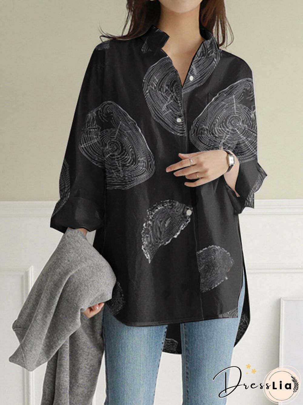 Geometry Print Long Sleeves Casual Loose Blouse With Pockets