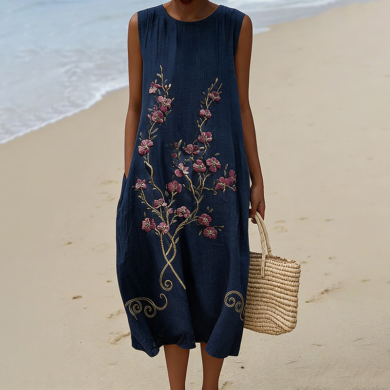 Women's Japanese Cherry Blossom Art Pattern Casual Linen Dress elevenforest