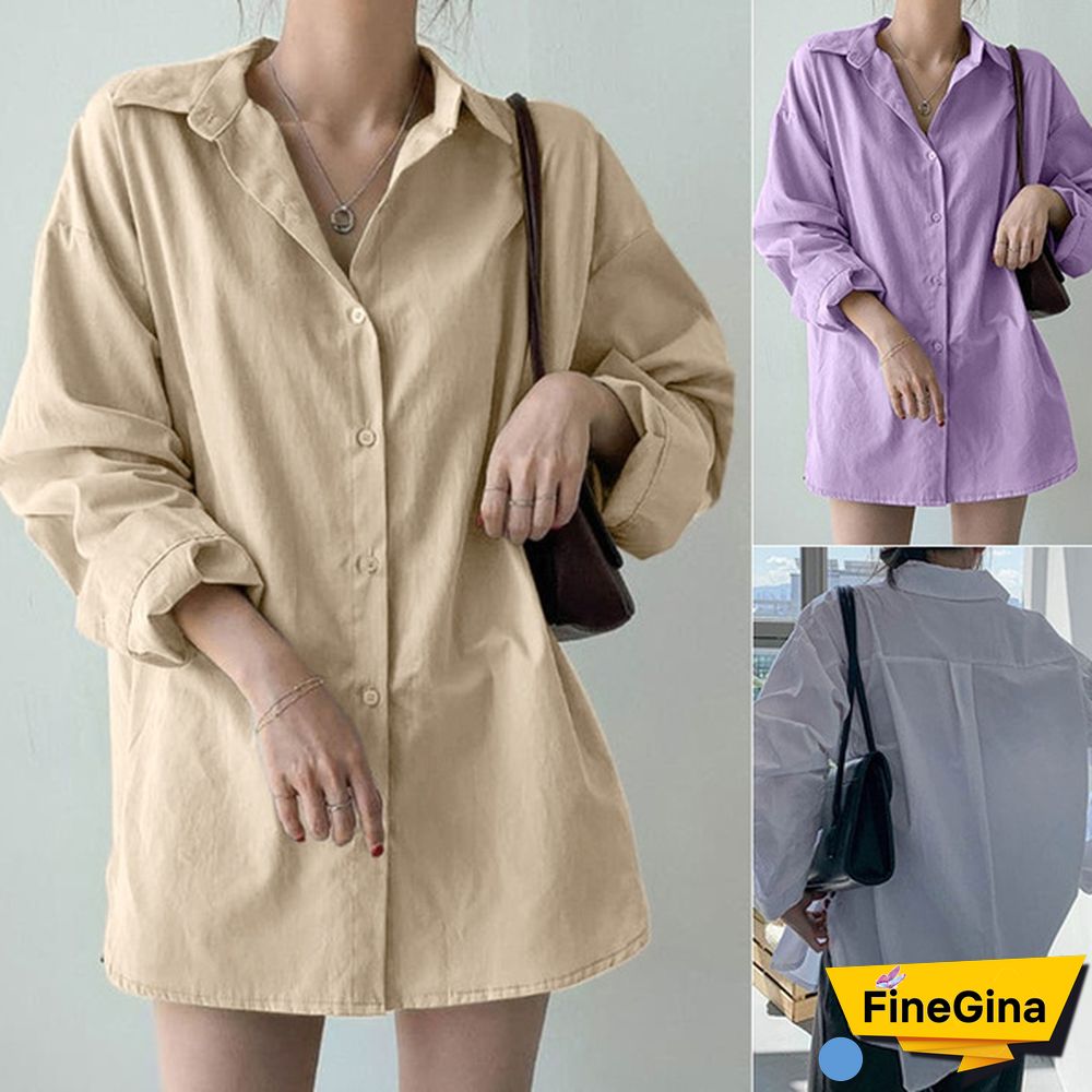 Women Drop Shoulder Long Sleeve Shirt Side Slit Oversized Shirt Casual Blouse
