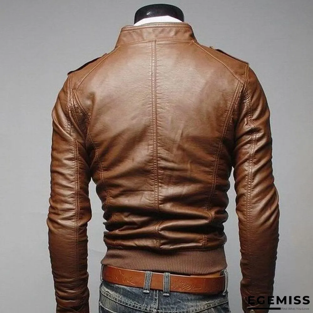 Fashion Men Vintage Motorcycle PU Leather Coats Stand Collar Long Sleeve Outwear Zipper Fitness Cool Jacket | EGEMISS