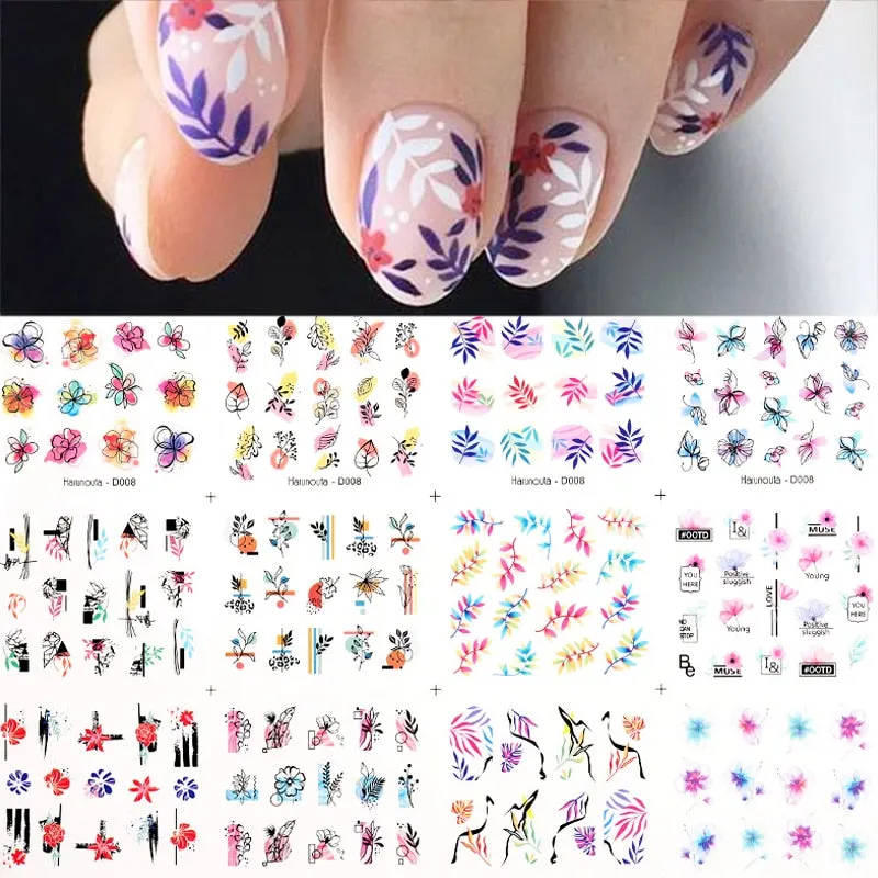 12pcs Geometric Lines Nail Sliders Water Sticker Set Flowers Leaves Design Watercolor Ink DIY Manicures Nail Art Decals Foil