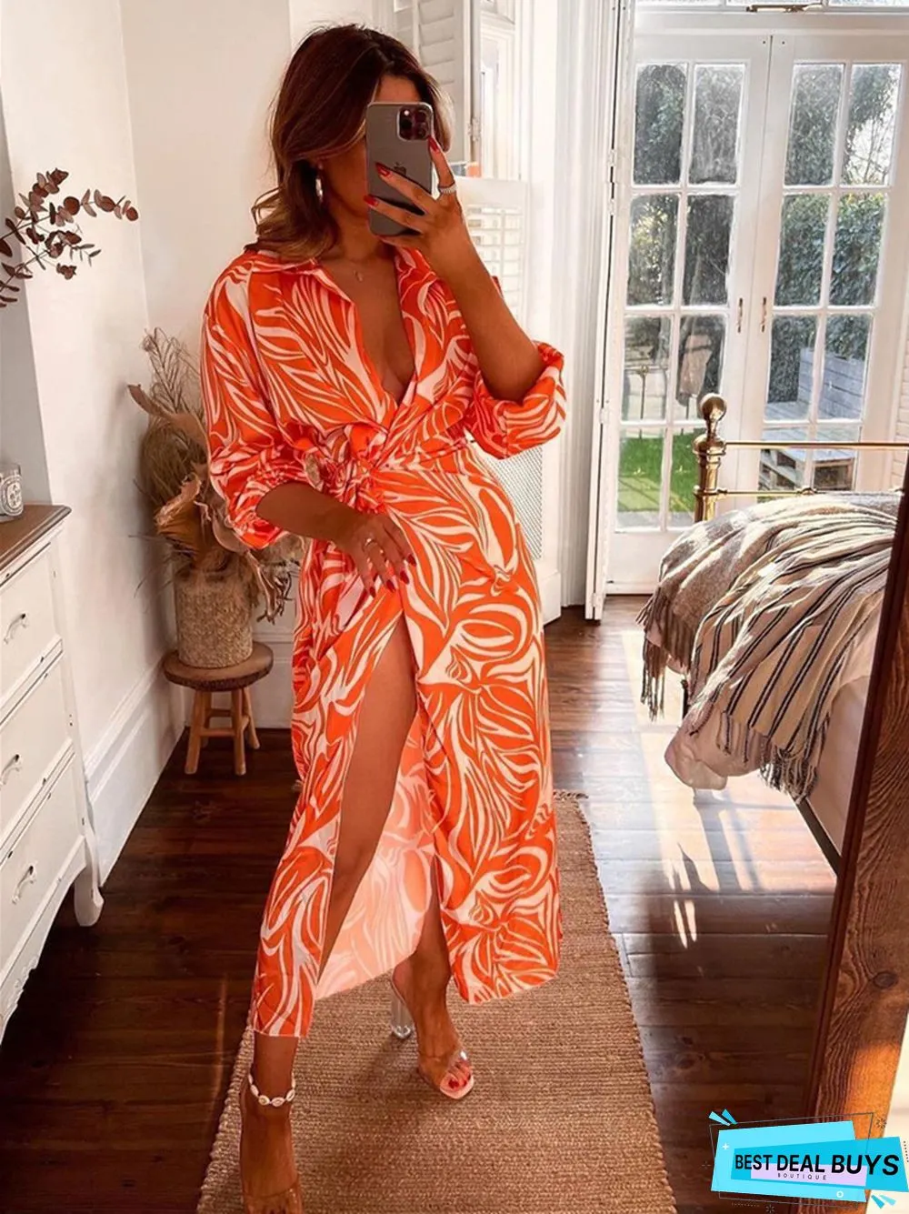 Fashionable Printed Lantern Sleeve Lace Up Slit Lapel Dress Popular Color Contrast Medium and Long Skirt