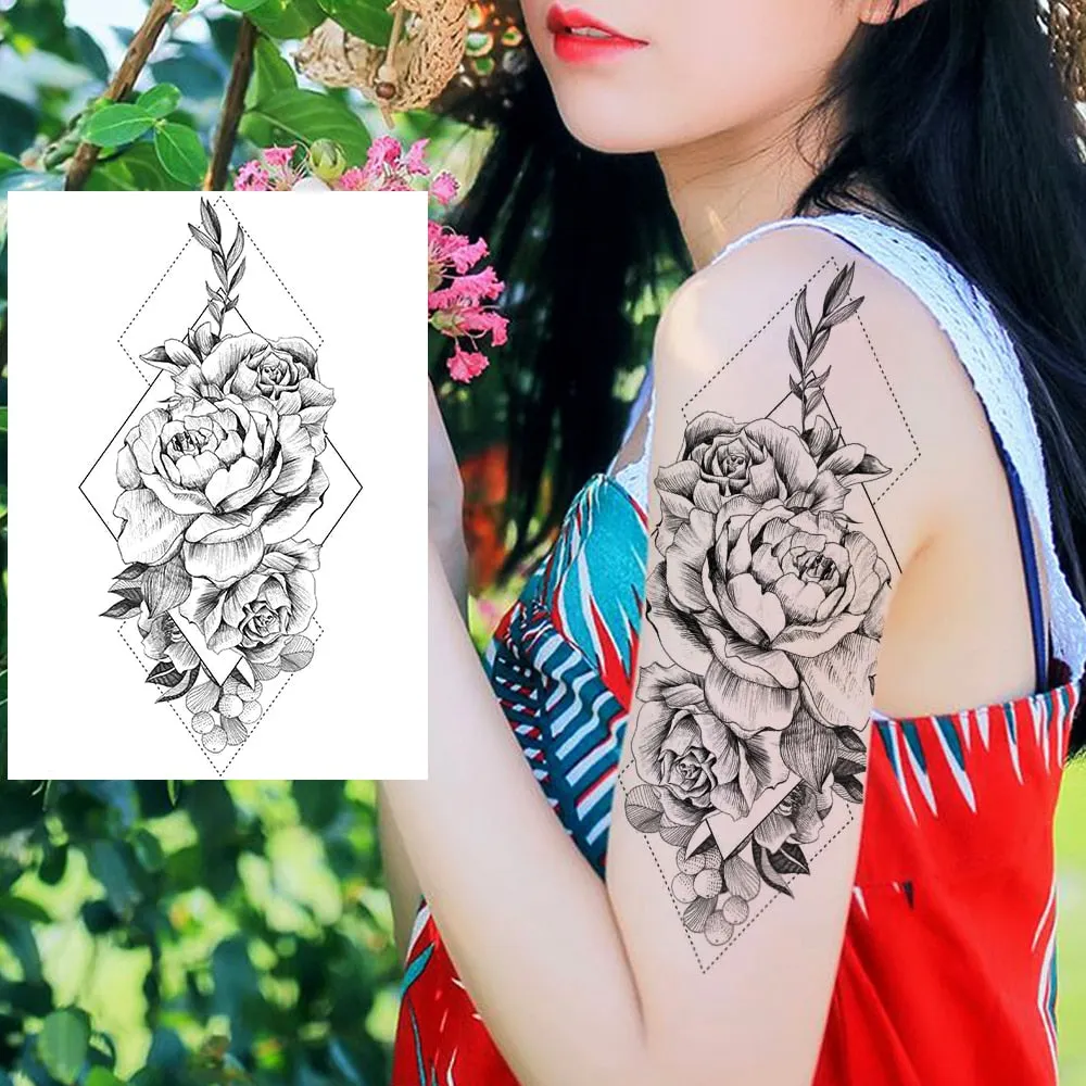 Realistic Sexy Peony Tattoos Temporary Women Adult Flower Arm Tattoos Sticker Waterproof Fake Floral Bloosom Body Leg Art Tatoos