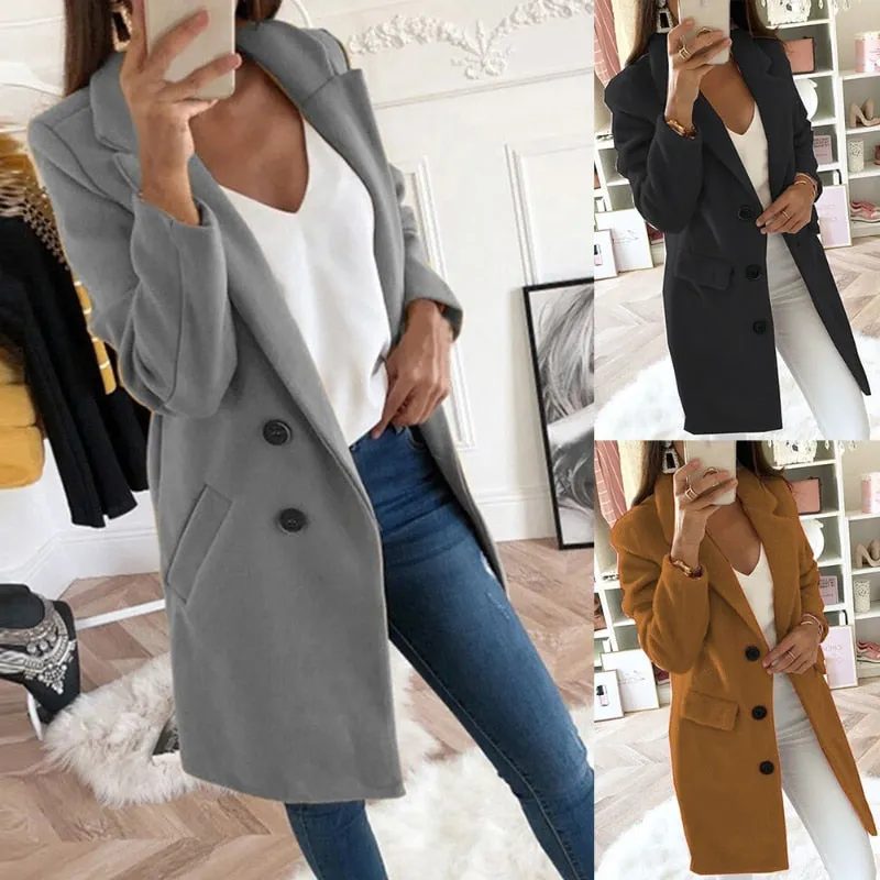 Women Turn-Down Collar Coats Autumn Winter Fashion Long Sleeve Pocket Vintage Jackets Slim Button Solid Casual Outwear Overcoats