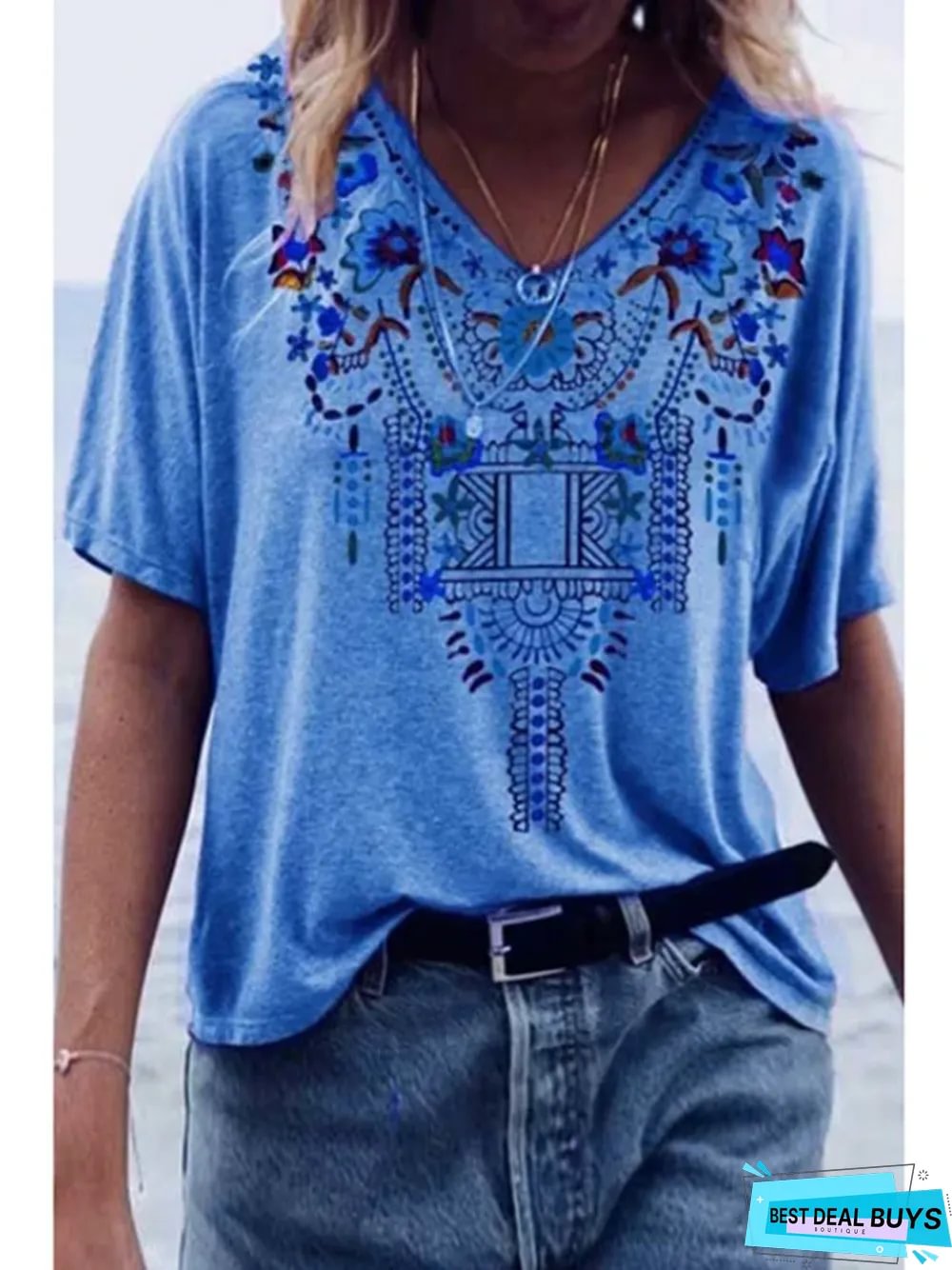 Women's Spring and Summer New Printed National Style V-Neck Short-Sleeved T-Shirt