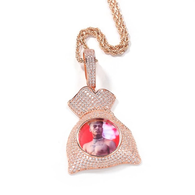 Iced Custom Photo Money Bag Pendants For Men Hip Hop Bling Bling Necklaces