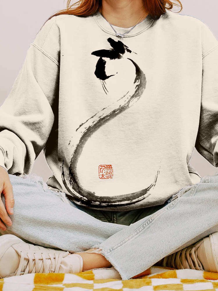 Japanese Minimalist Cat Art Crew Neck Comfy Sweatshirt
