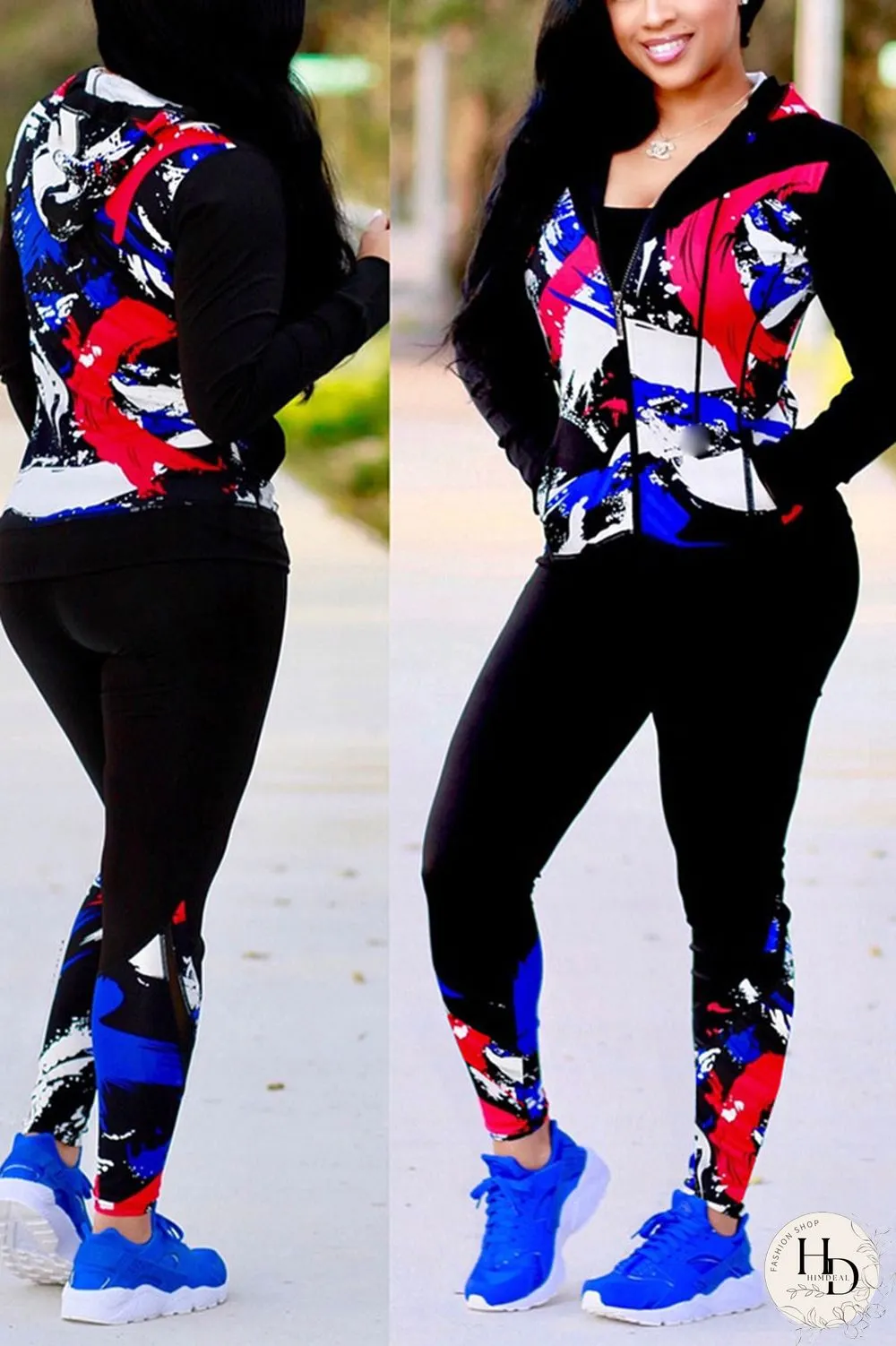 Pink Sexy Print Split Joint Hooded Collar Long Sleeve Two Pieces