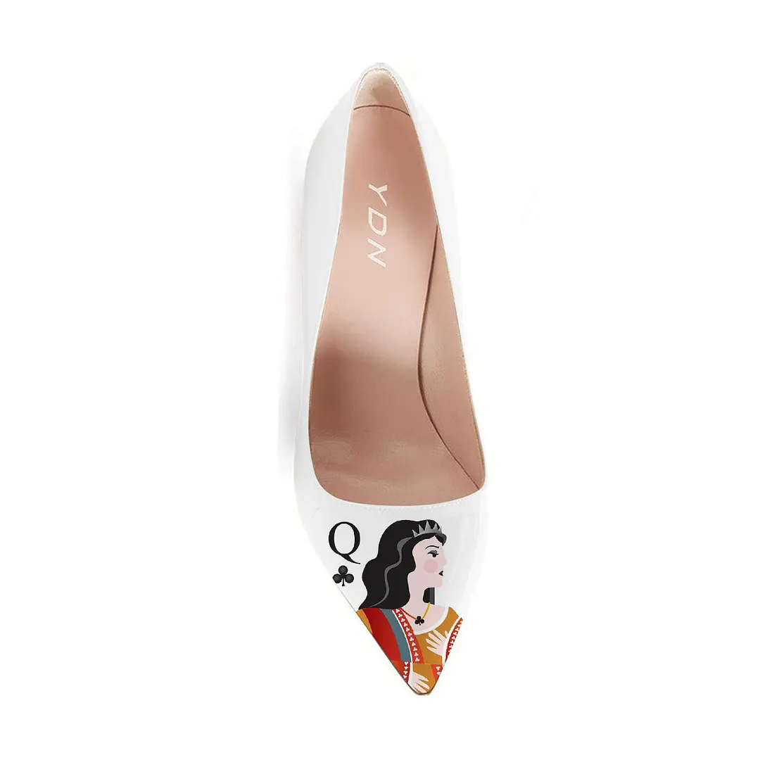 Chic White Pumps Pointed Toe Poker Print High Heels for Women
