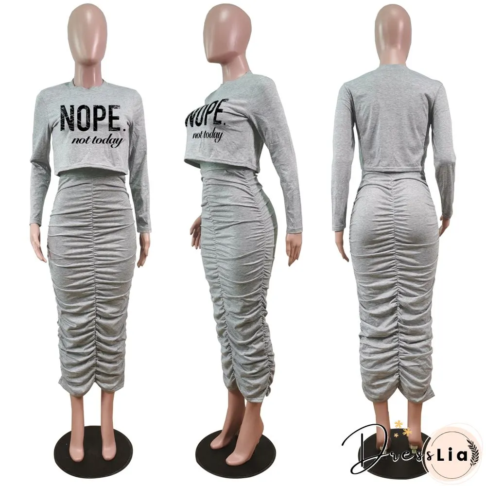 Letter Print Ruched Bodycon Two Piece Dresses Set