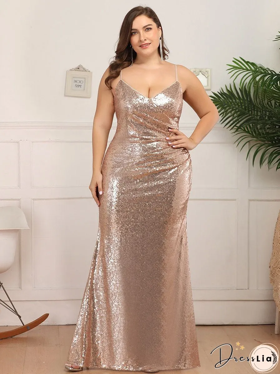 Sexy Spaghetti Straps Fishtail Sequin Wholesale Plus Size Evening Gowns