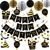 Birthday Decorations, Happy Birthday Banner with Honeycomb Ball, Gift Hanging Swirl Streamer, Circle Dot Garland - Happy Birthday Party Decorations for Men Women Boys Girls (Black & Gold, 30th)