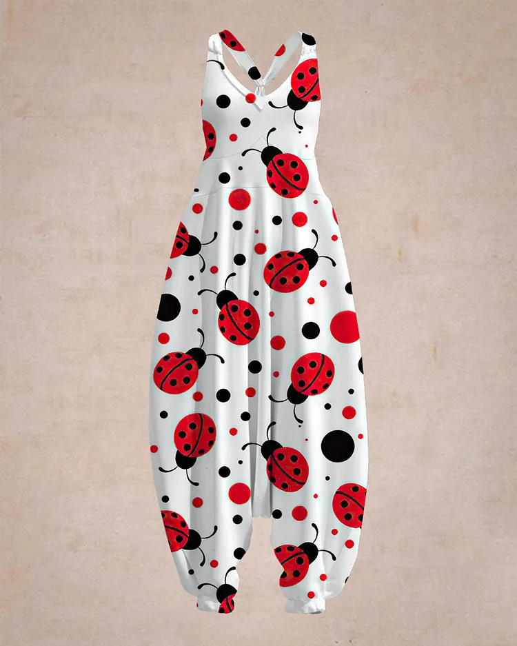 Women's ladybugs Embroidery Pattern Sleeveless Harem Jumpsuit