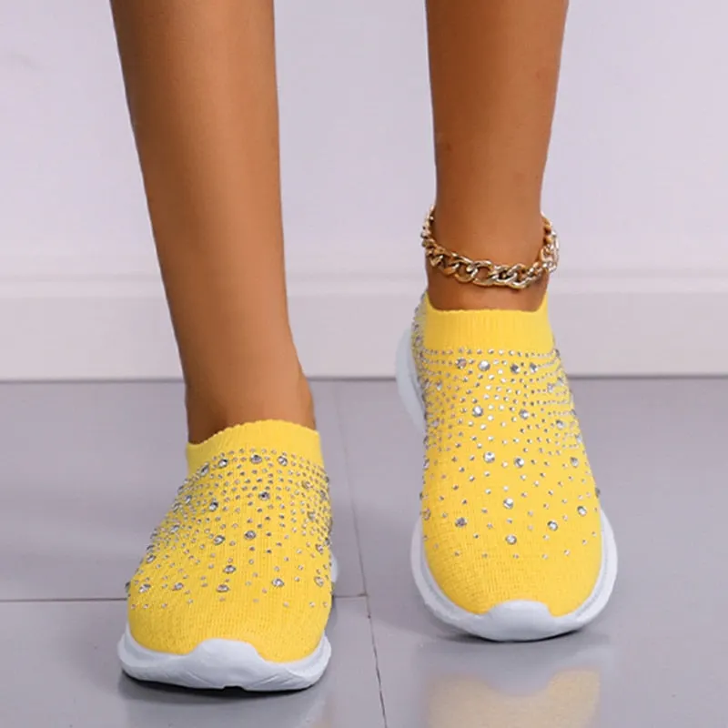 Shining Crystal Flats Shoes For Women Plus Size Breathable Mesh White Sneakers Woman 2022 Spring Summer Soft Sole Sports Shoes