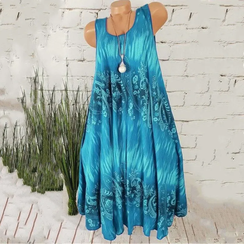 Brownm Temperament Commute Summer Digital Print Sleeveless Round Neck Dress