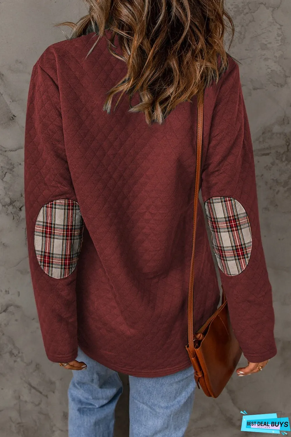 Geometric Texture Plaid Trim Sweatshirt