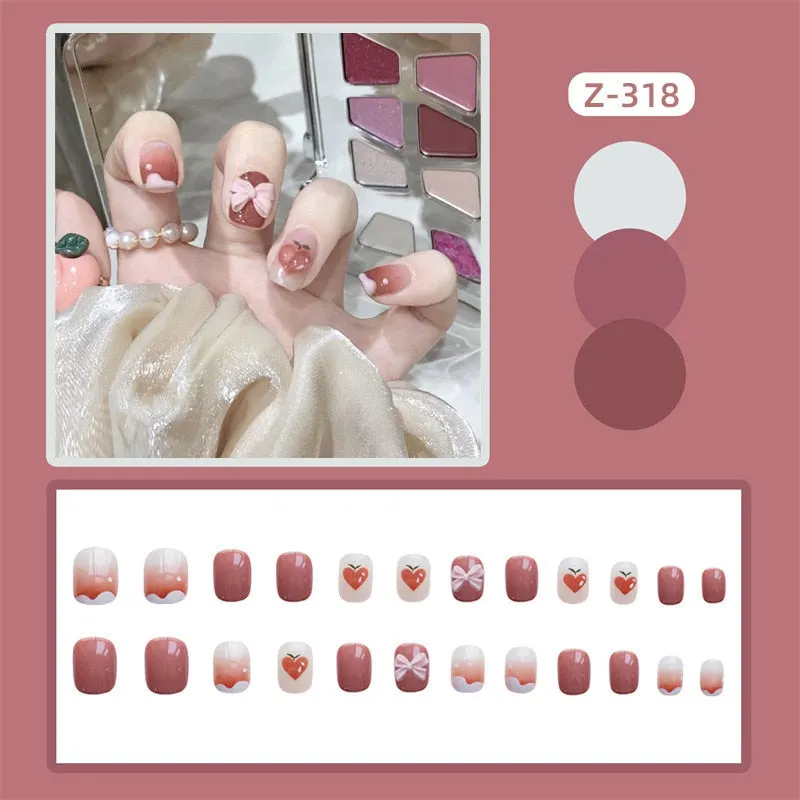 24Pcs false nails with designs cow and Blue Color cut design Fake Nail Shiny Gold Foil  artificial nails with glue for girls-Nail Inspo