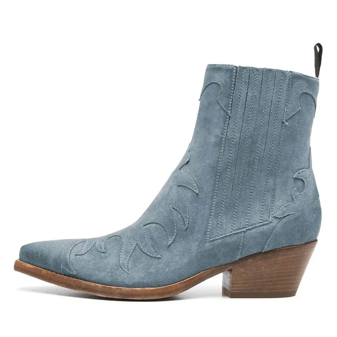 Short Greyish Blue Mid Heel Patchwork Cowboy Boots for Women