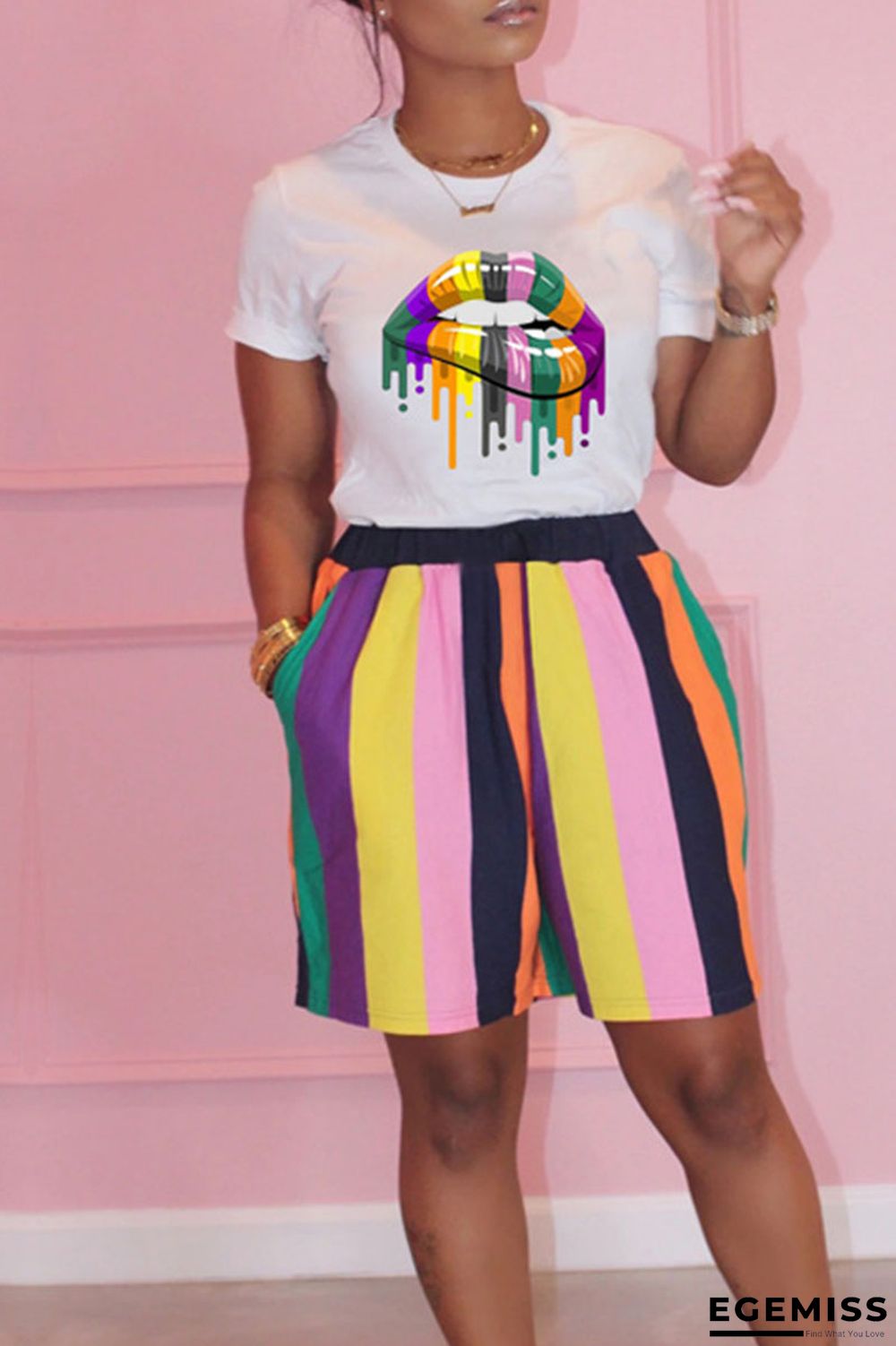 Black Casual Striped Print Patchwork O Neck Short Sleeve Two Pieces | EGEMISS