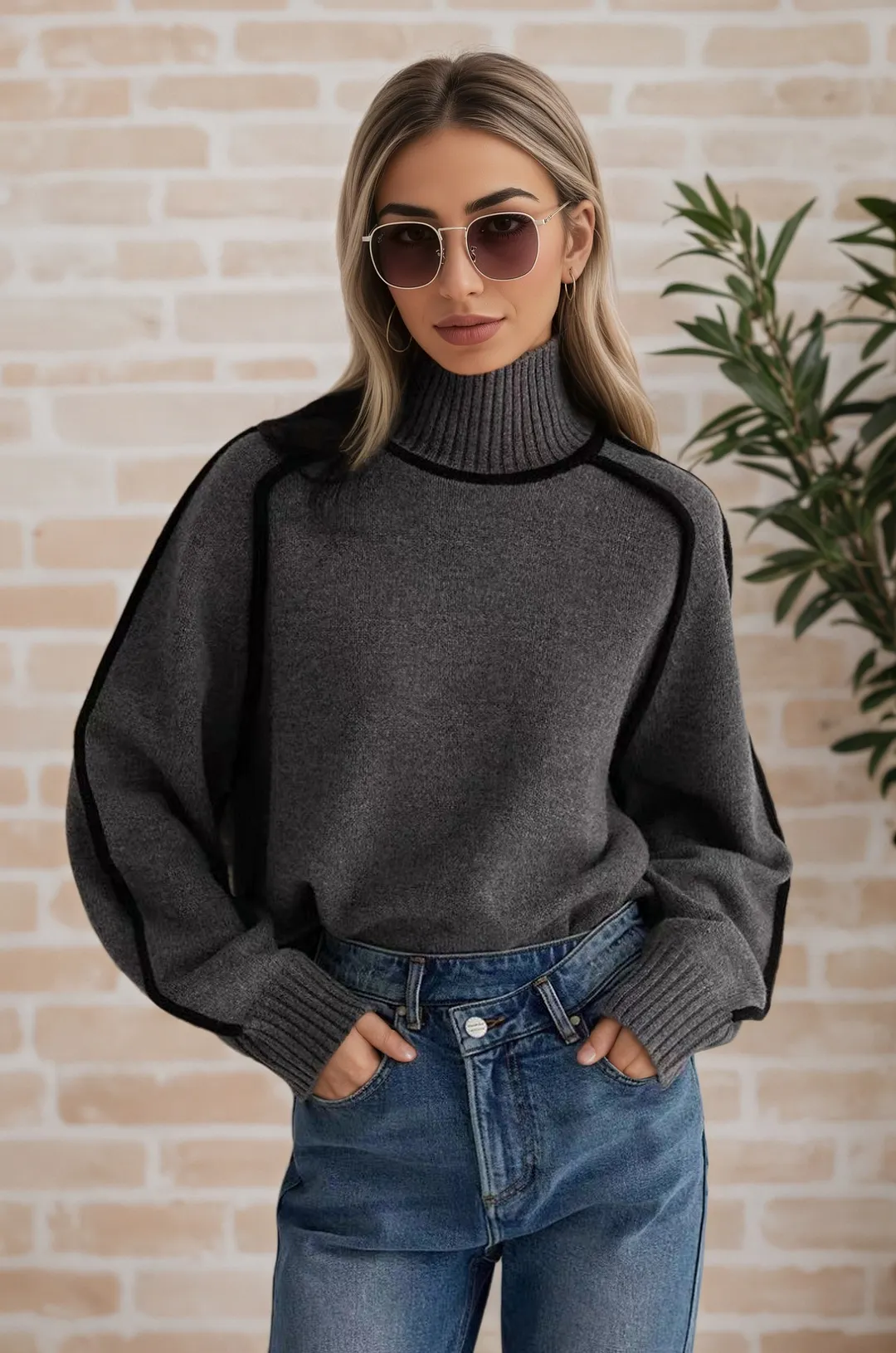 Athvotar Athvotar Autumn And Winter Half-High Three-Dimensional Stripe Thin Leisure Loose Knitted Knitted Jersey Languid Sweater