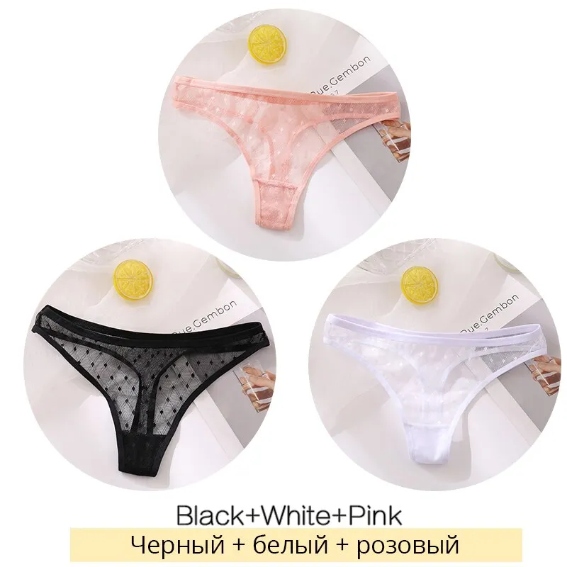 Billionm Lace Thongs Women 3Pcs/Set Transparent G-string Panties Dots Lace T-back Underwear Fashion Female Underpants M-XL