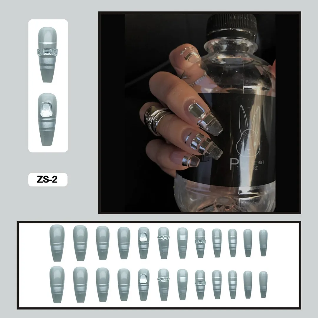 24PCS False Nails with Glue Rhinestones Long Trapezoid Detachable Pearl Stick on Nails Press on Nails Art With Wearing Tools-Nail Inspo