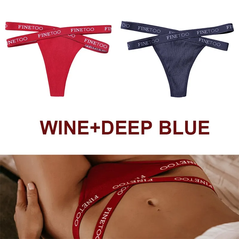 FINETOO 2PCS/Set Women's Cotton G-string Sexy Cross Strap Panties Letter Waisted Underwear Thongs Femme Hollow Out Lady Briefs