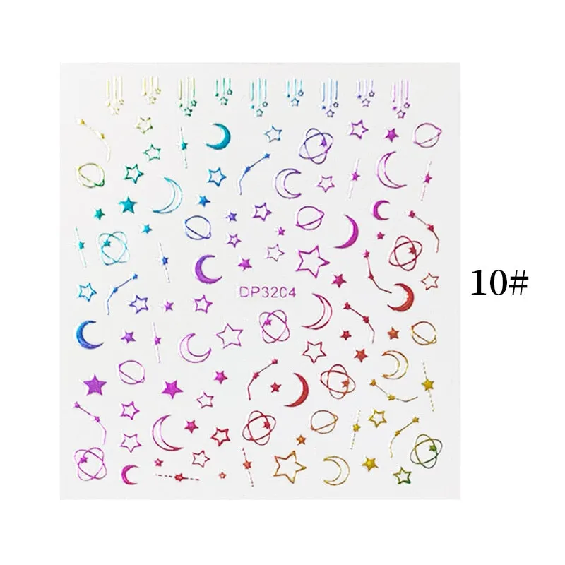 English Letter Design 3D Nail Stickers Iridescent Geometrics Gold Stars Moon Transfer Nail Art Sliders Decoration Accessories