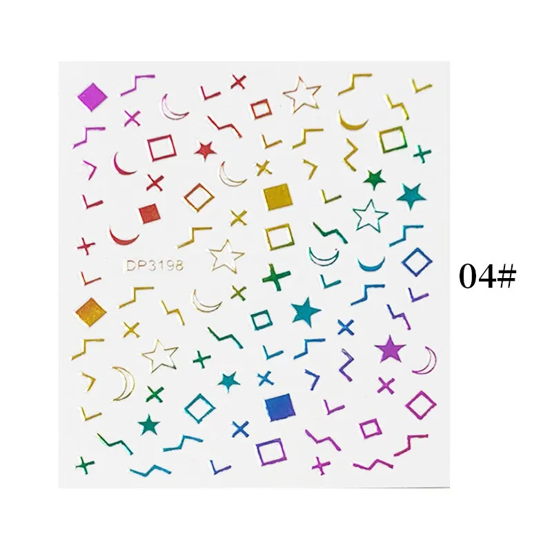 English Letter Design 3D Nail Stickers Iridescent Geometrics Gold Stars Moon Transfer Nail Art Sliders Decoration Accessories
