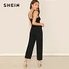 SHEIN Black Waist Belted Double Breasted Pinafore Jumpsuit Women Elegant 2019 Summer Plain Straps Sleeveless Party Jumpsuit