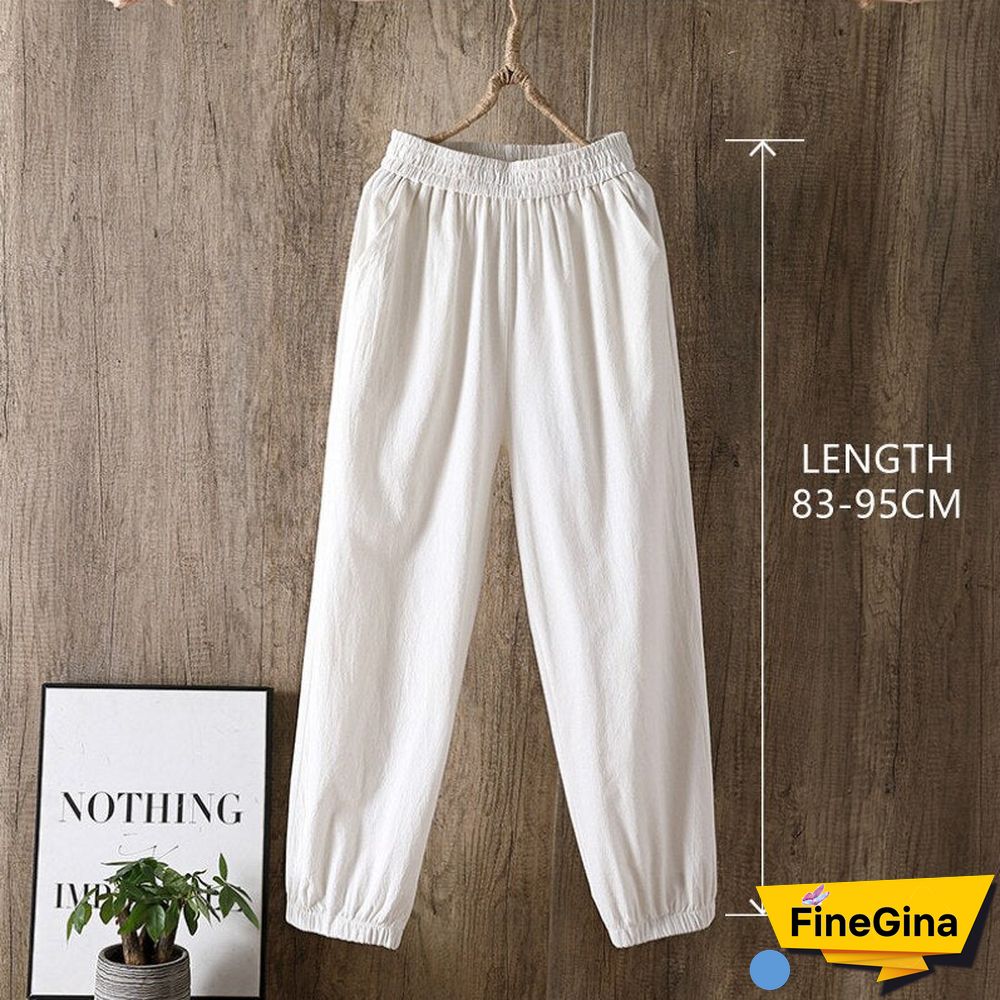 Casual Style Cotton Linen Pants Women Spring Summer New Elastic Waist Solid Basic Retro Loose Women's Harem Pants Trousers