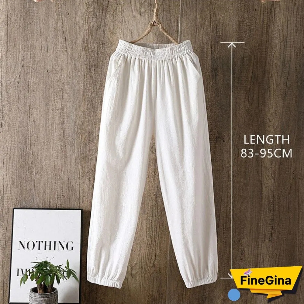 Casual Style Cotton Linen Pants Women Spring Summer New Elastic Waist Solid Basic Retro Loose Women's Harem Pants Trousers