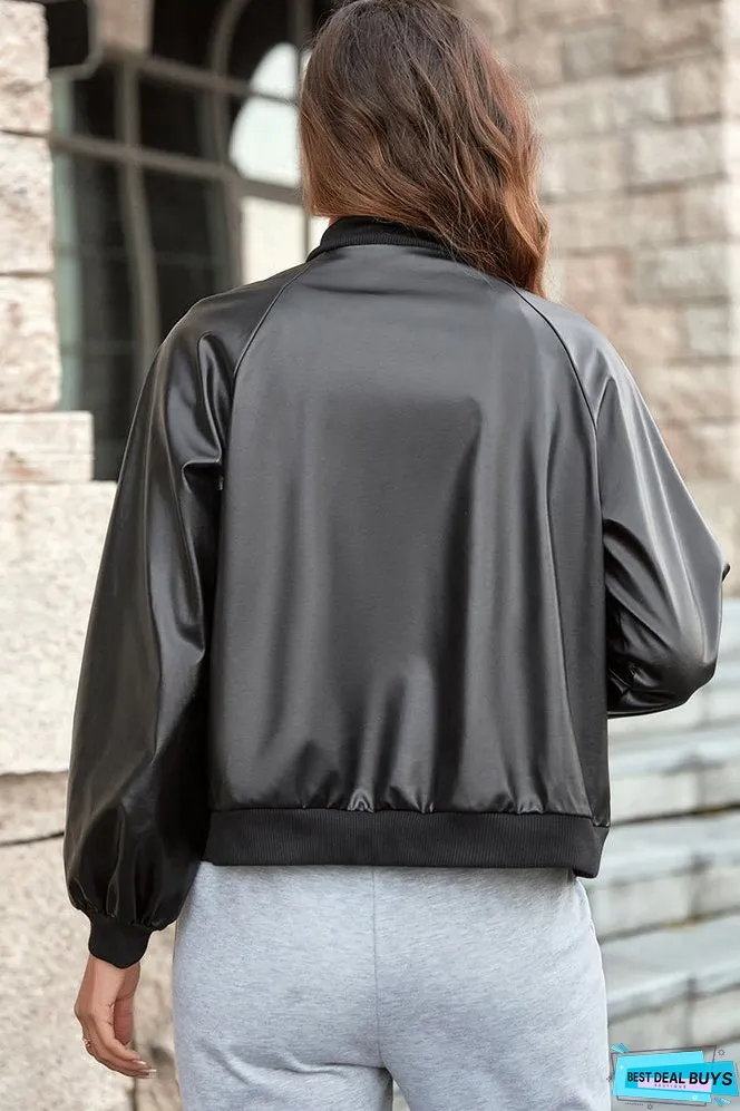 Black PU Letter Patchwork Snap Button Baseball Winter Outfits Jacket