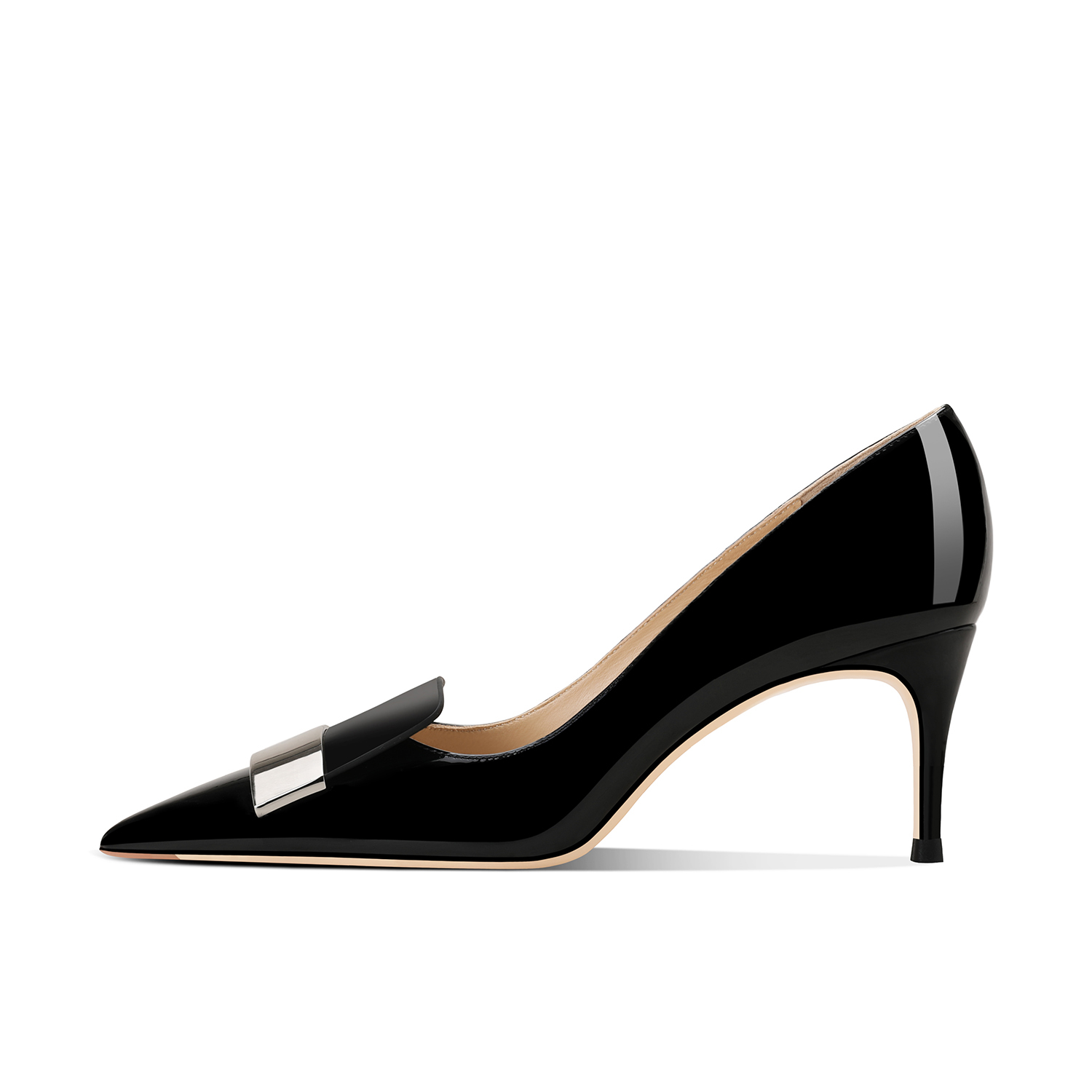 GOOSHOE Women's High Heels Metal Buckle Patent Leather Thin Heel Pointed Women's Shoes