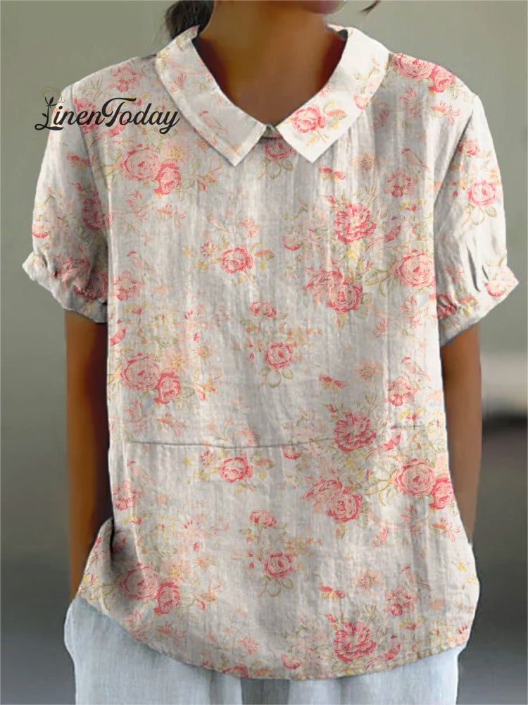 Women&rsquo;s Floral Print Casual Cotton And Linen Shirt Multicolor / S