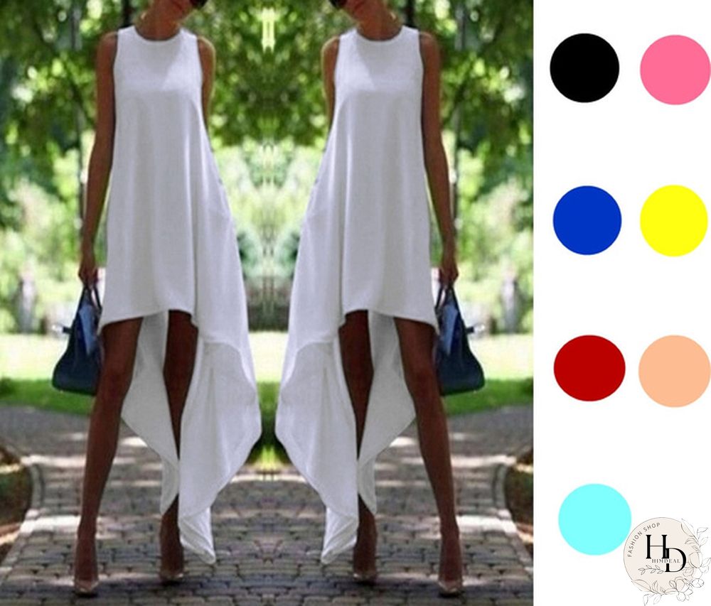 Women Summer Bohemian White Irregular Beach Dress Loose Flare Dress Tunic Female Sleeveless Beachwear Solid Boho Gowns Dresses