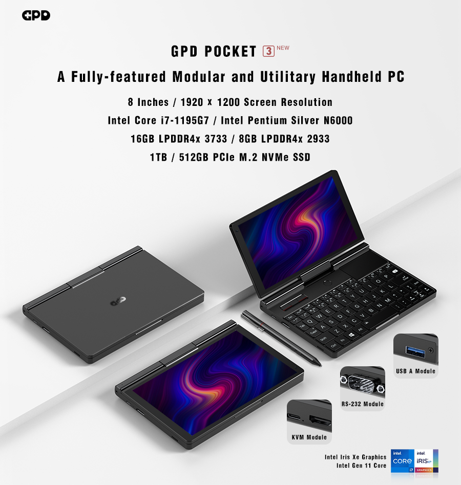 GPD Pocket 3 Modular and Utilitary Office Handheld Laptop