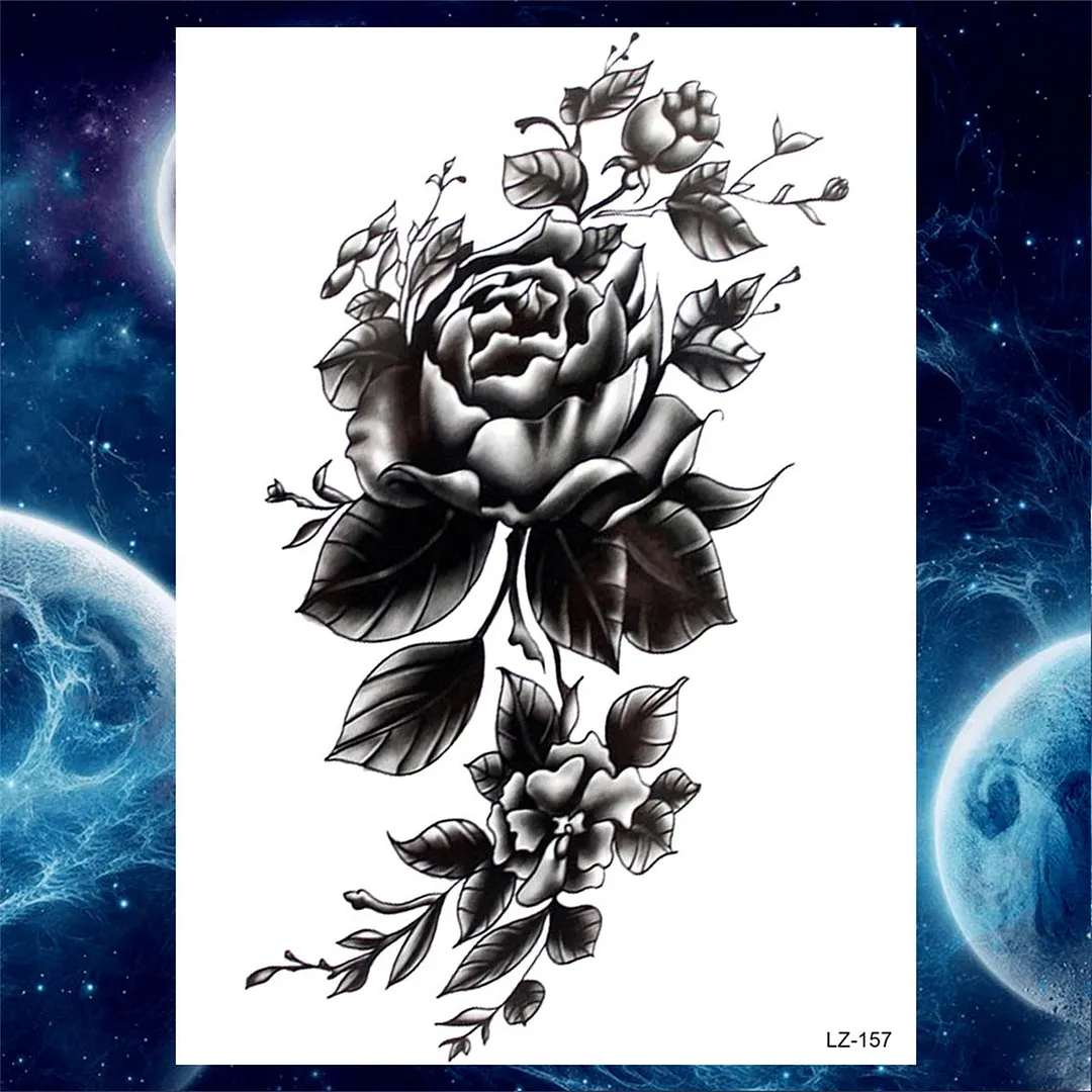 Flower Compass Temporary Tattoo For Women Girls Adult Rose Peony Tattoos Sticker Fake Black Floral Body Art Thigh Tatoos Paper