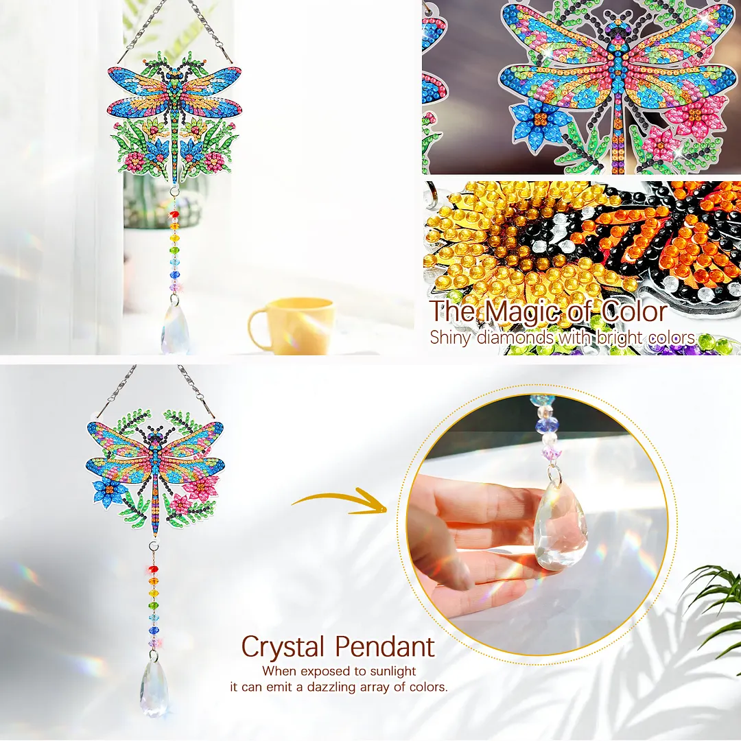2Pcs Garden Dragonfly DIY Double-Sided Diamond Painting Hanging Kits Diamond Painting Suncatcher Craft Kit for Home Garden Wall Decor Gift