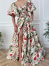 Floral Print V-Neck Puff Sleeves Empire Split-Side Party Maxi Dress