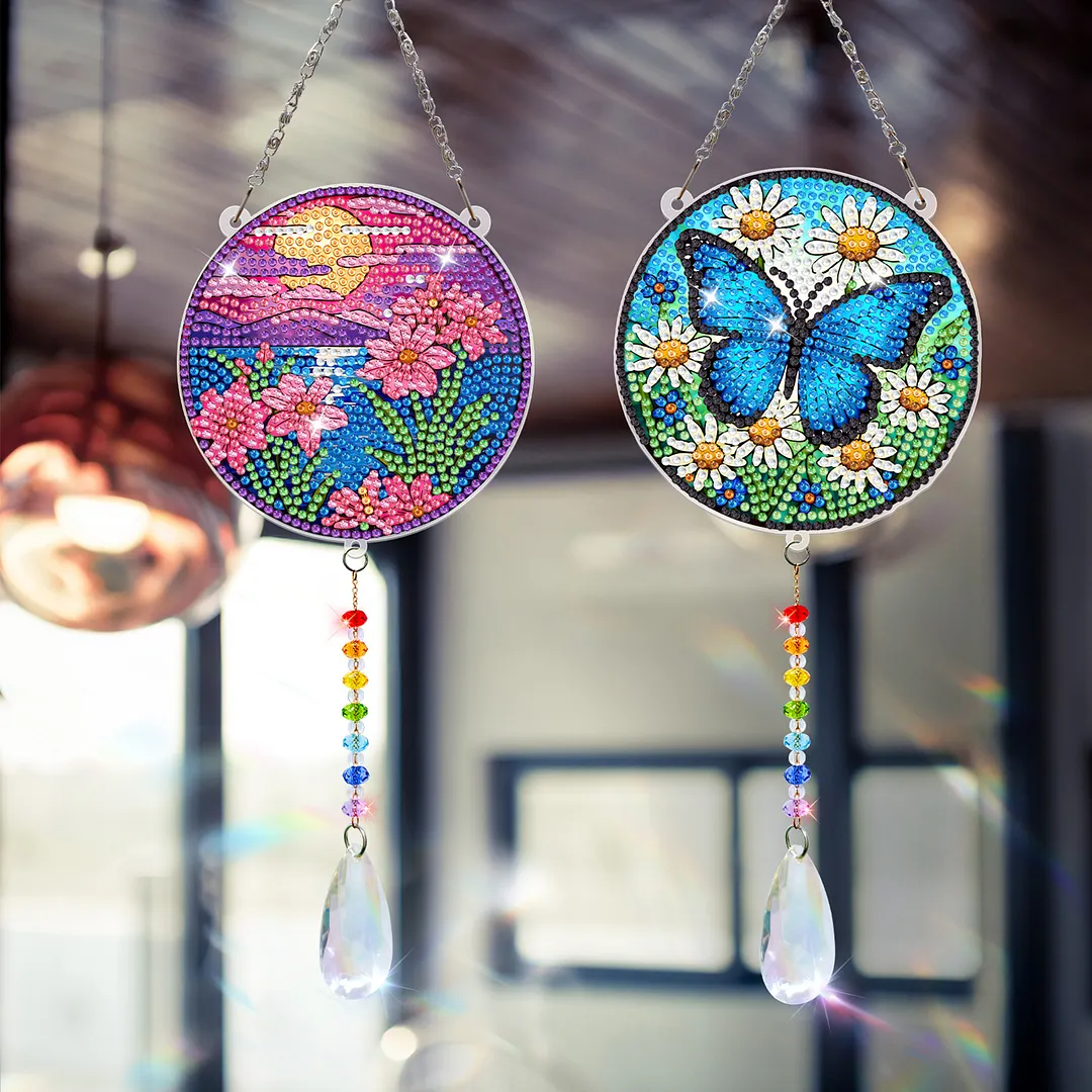 2Pcs Sunset Butterfly DIY Acrylic Diamond Painting Art Wind Chimes with Crystal Pendant Diamond Art Hanging Pendant Double-Sided for Adults Beginners Gift Home Garden Decor
