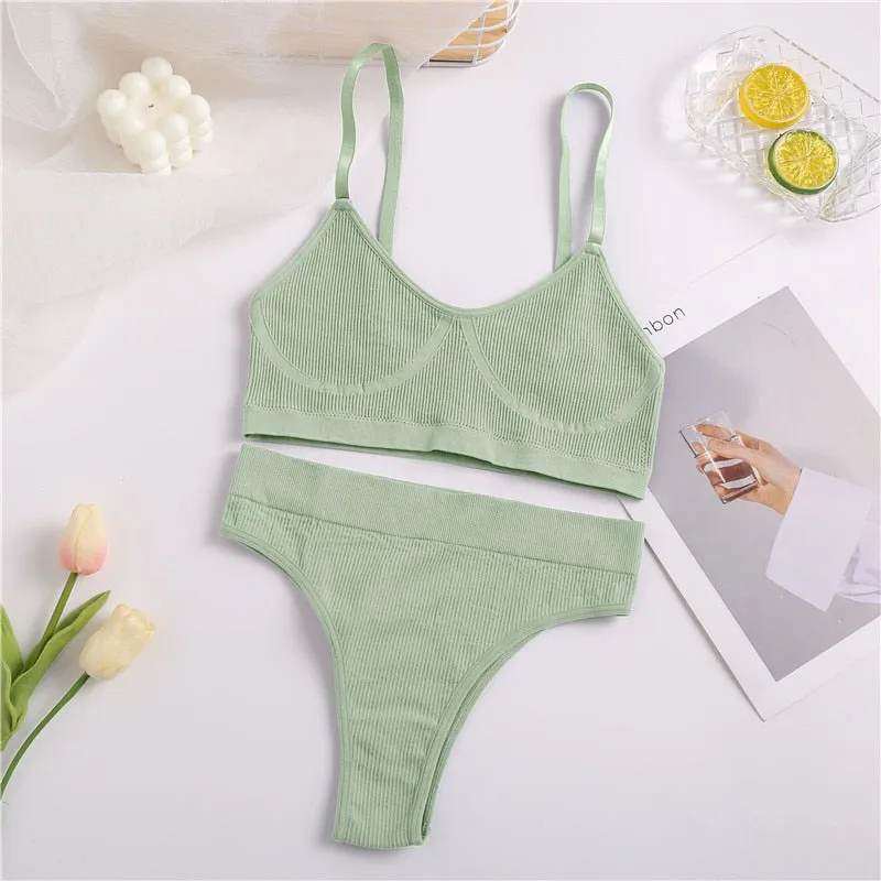 FINETOO Women Bra Set Female Underwear Bralette Ribbed Tops Girls Sexy Lingerie Basic Stretchy Brassiere Tank Crop Tops Suit New