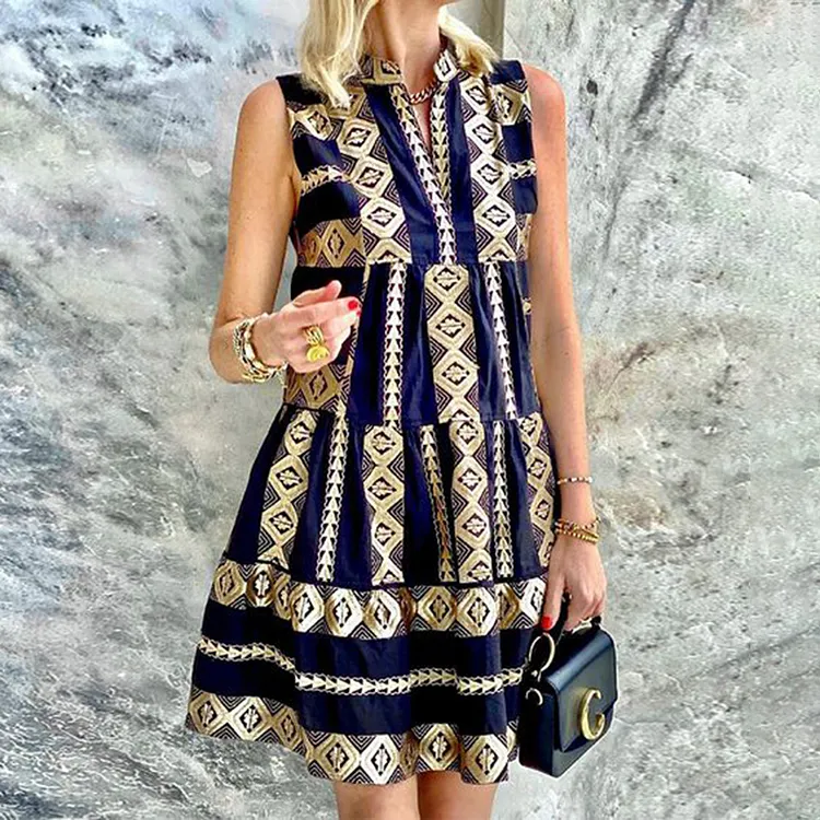 Boho Tribal Printed Color Block Sleeveless V Neck Mini Dress
