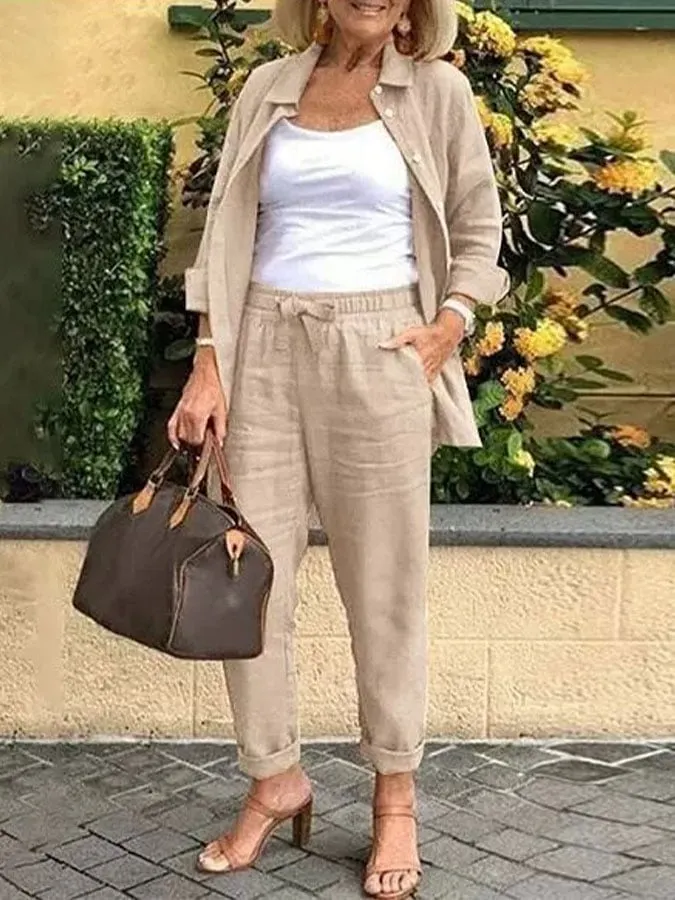 Women's Solid Color Casual Shirt Set