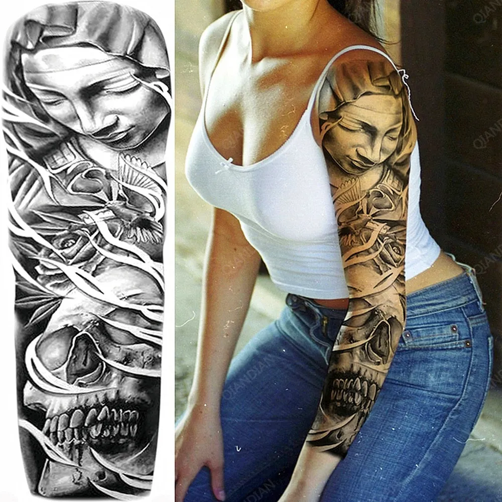 Large Arm Sleeve Tattoo Rose Lion Wolf Waterproof Temporary Tatto Sticker Flower Clock Waist Leg Body Art Full Fake Tatoo Women