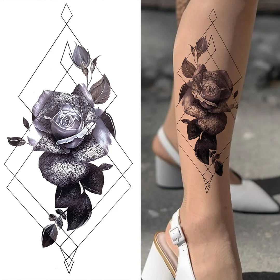 3D Snake Rose Temporary Tattoos For Women Girls Fake Flower Tattoo Sticker Black Death Eaters Dark Mark Mamba Snake Peony Tatoos 515-1